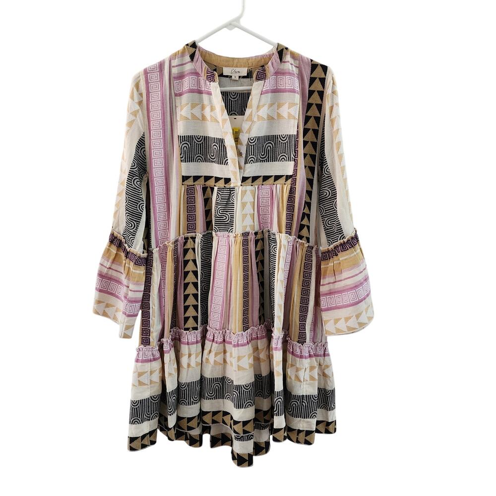 ELAN NWT Boho Babydoll Dress Small Geo Print 3/4 Sleeve Multicolor
